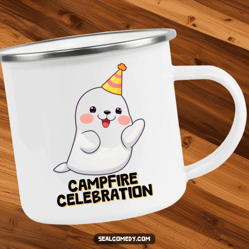 Funny seal with a tiny party hat, clapping its flippers together, a durable and humorous camping mug.