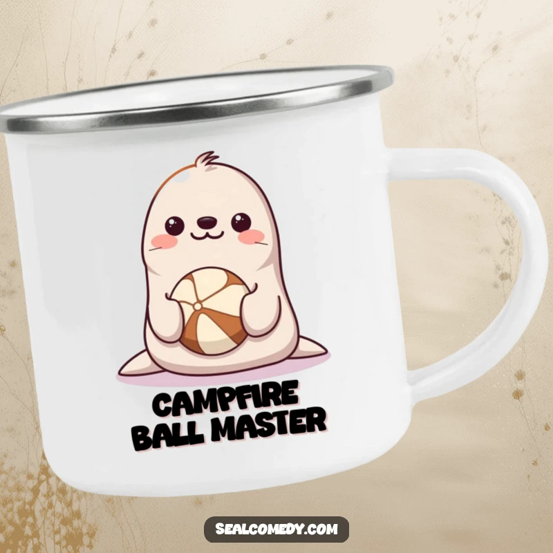 Funny Seal Camping Mug: A happy seal with a smiling face balancing a ball on its nose in an outdoor setting.