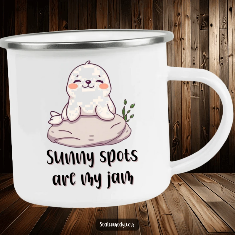 Funny Seal Camping Mug: A content seal sunbathing on a rock, a humorous and durable cup for outdoor relaxation.
