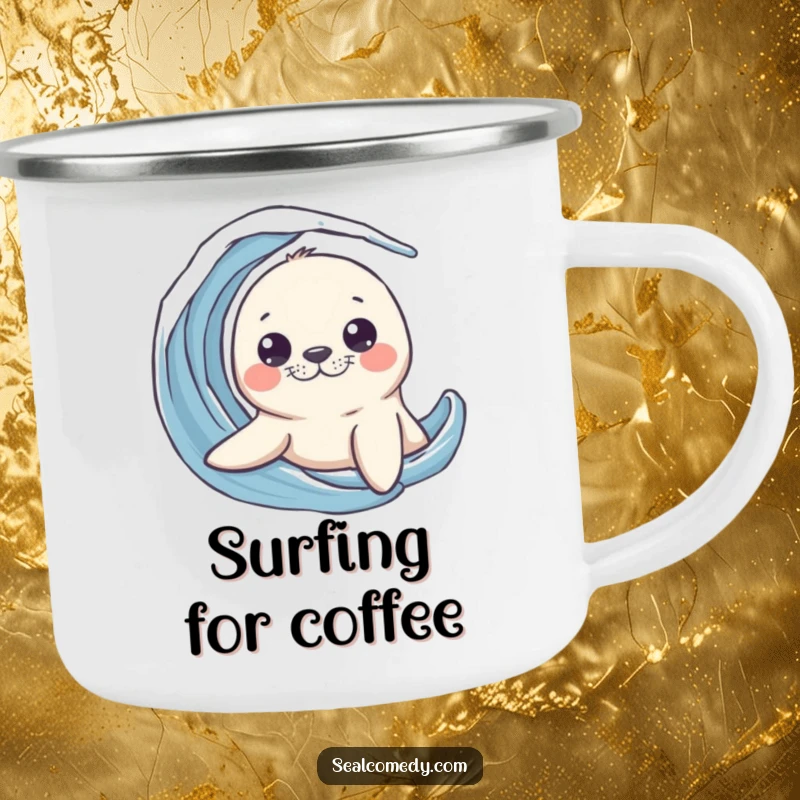 Funny seal camping mug with a curious sea creature peeking its head out from a wave, perfect for outdoor exploration.