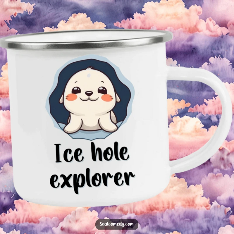 Funny camping mug featuring a curious seal character peeking out from a hole in the ice, ideal for outdoor exploration.
