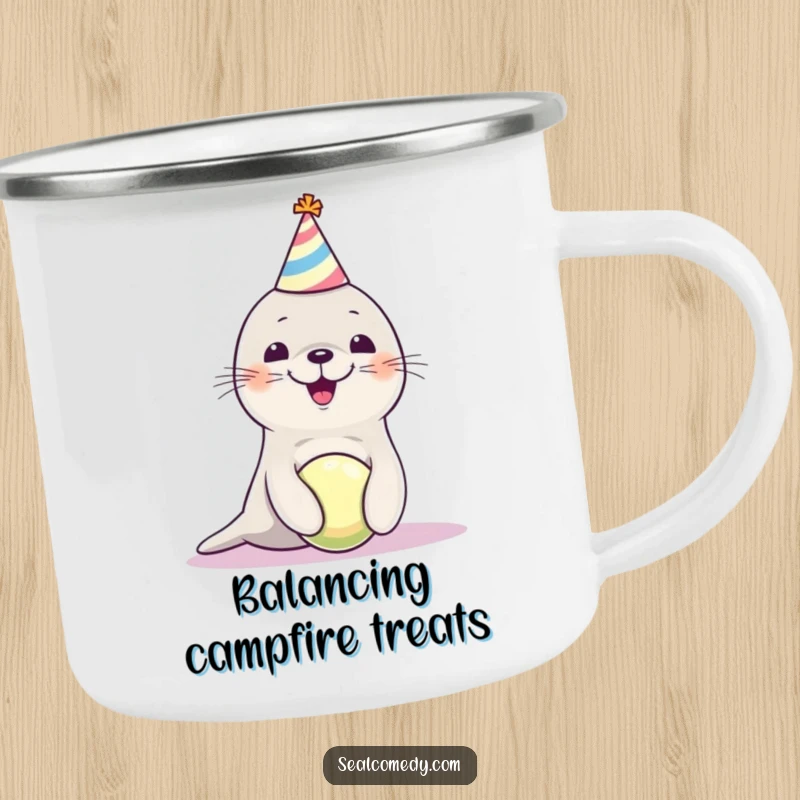 Funny seal pup wearing a party hat, joyfully balancing a ball, on a durable camping mug for outdoor fun.