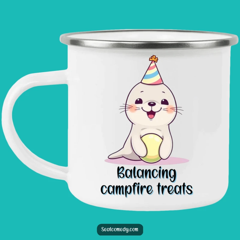 Funny Seal Pup Party Hat Camping Mug - Adorable Juggling Ball Enamel Cup Gift