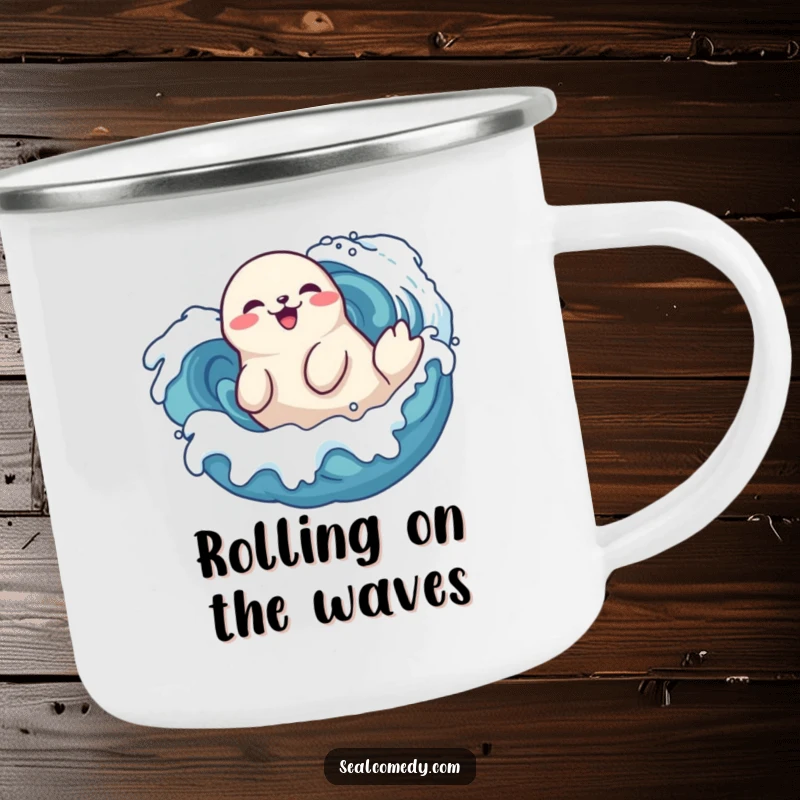 Funny seal camping mug doing a playful roll in stylized waves, a delighted marine mammal enjoying the ocean, for outdoors.