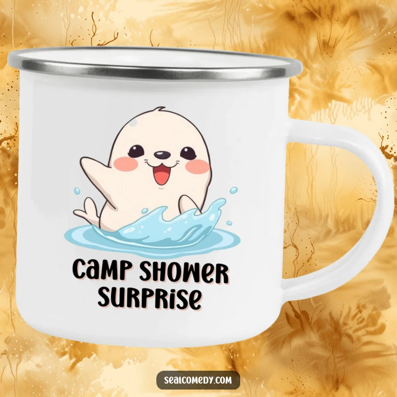 Funny camping mug depicting a seal character splashing water with its flipper, ideal for outdoor adventures and adding a playful touch.