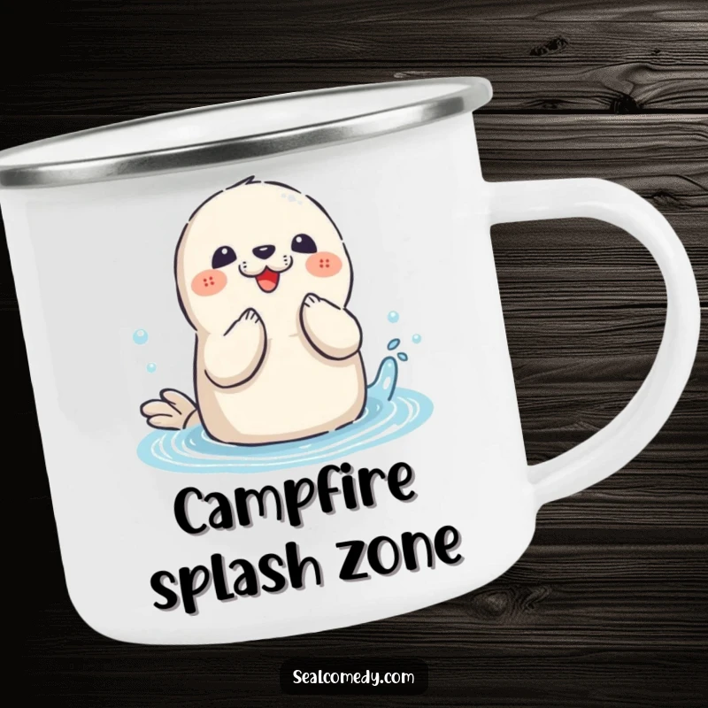 Funny Seal Camping Mug: A playful seal with flippers clapping, enjoying a splash during an outdoor adventure.