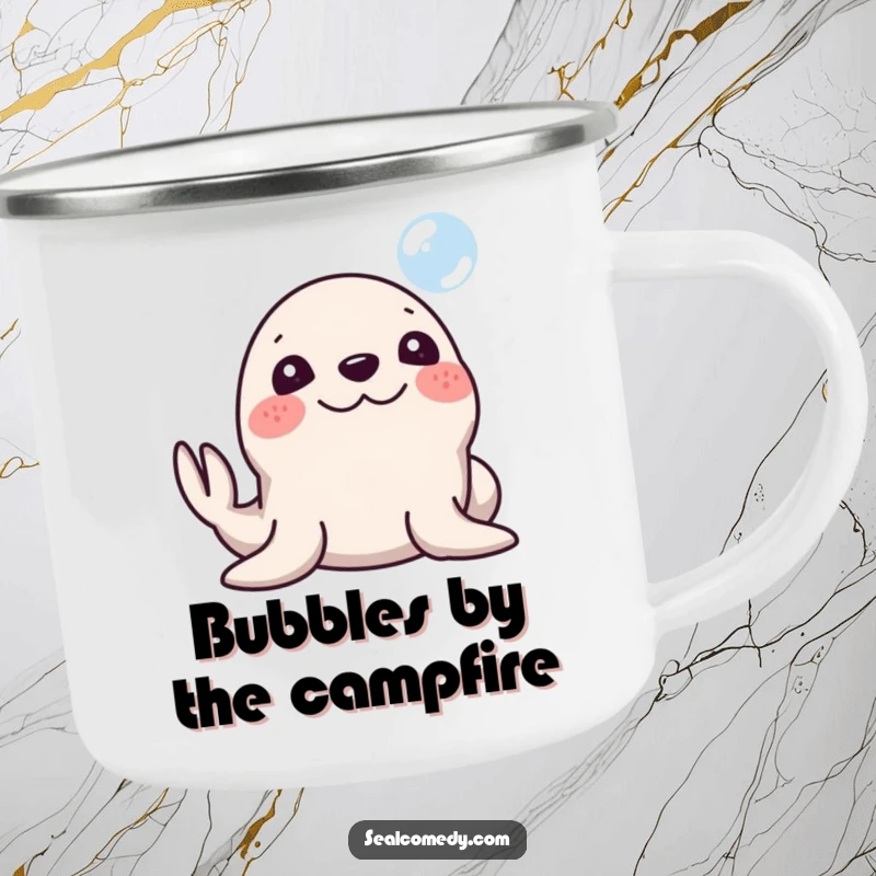 Funny Seal Camping Mug: A seal with a silly smile honking its nose at a bubble. Durable and humorous, perfect for outdoor excursions.