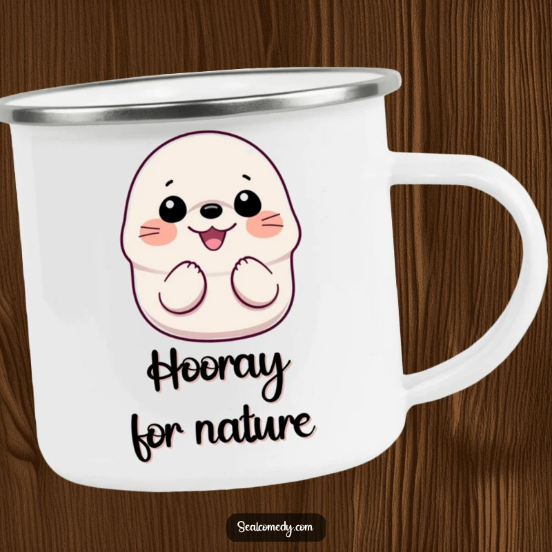 Funny Smiling Seal Camping Mug: A sturdy enamel mug featuring a happy seal clapping its flippers together with pure glee.