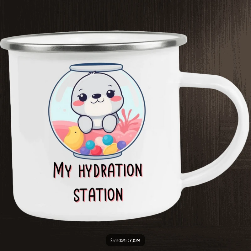 Funny camping mug featuring a seal peeking from a colorful fishbowl, perfect for enjoying drinks during outdoor adventures.
