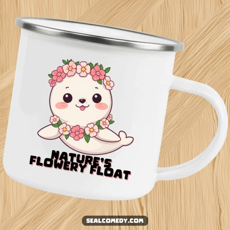 Funny Camping Mug: A seal in a flower garland swims gracefully, ideal for humorous outdoor sipping.