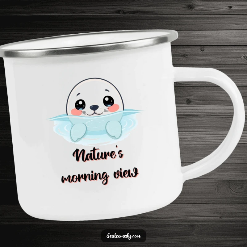 Funny seal pup with wide, curious eyes, peeking its head out of the water, featured on a durable camping mug.