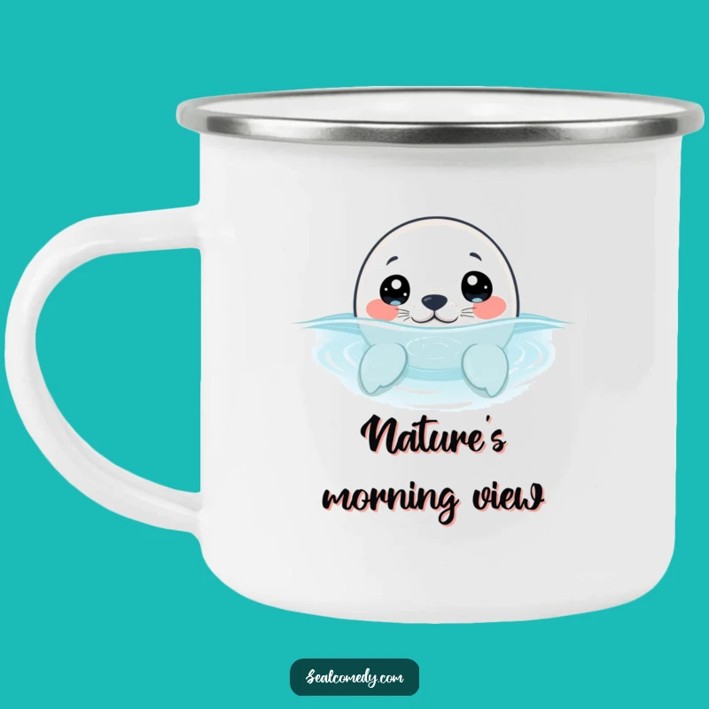 Funny Curious Seal Pup Camping Mug - Wide-Eyed Peek Enamel Cup Gift