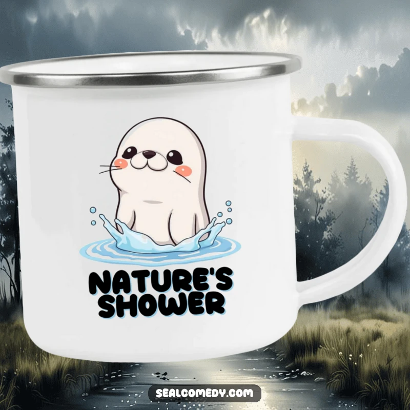 Funny Seal Camping Mug: A seal shakes water off its head, bringing humorous refreshment to outdoor adventures. Ideal funny gift.