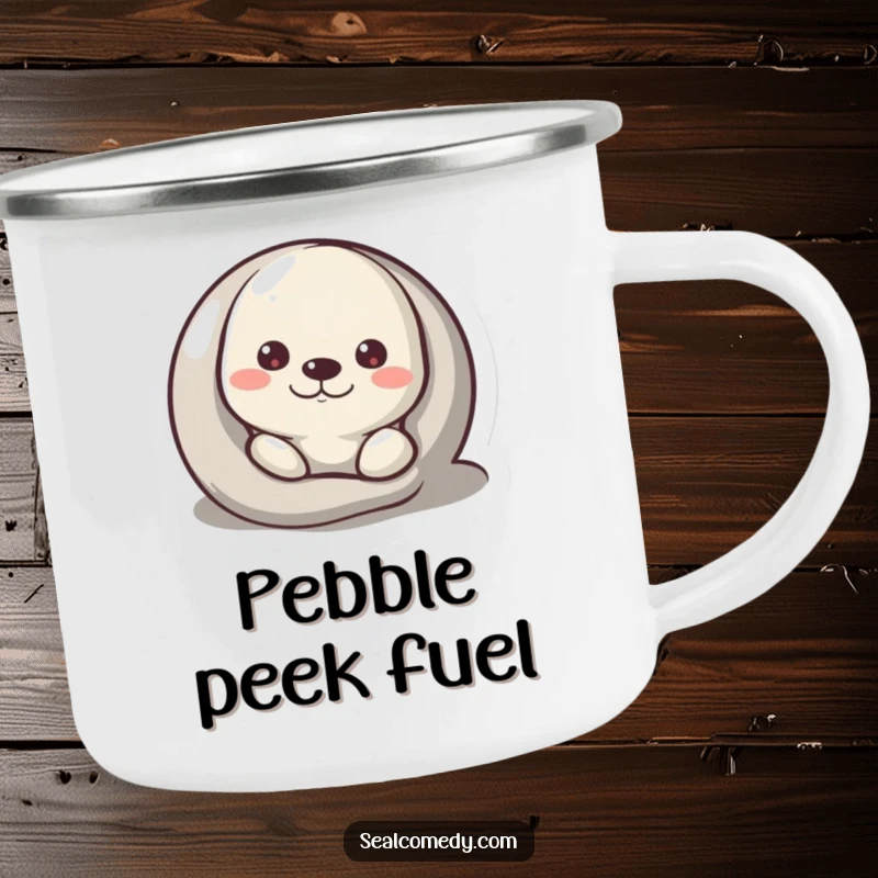 Funny Camping Mug featuring a curious seal peeking from behind a pebble, suitable for outdoor fun.