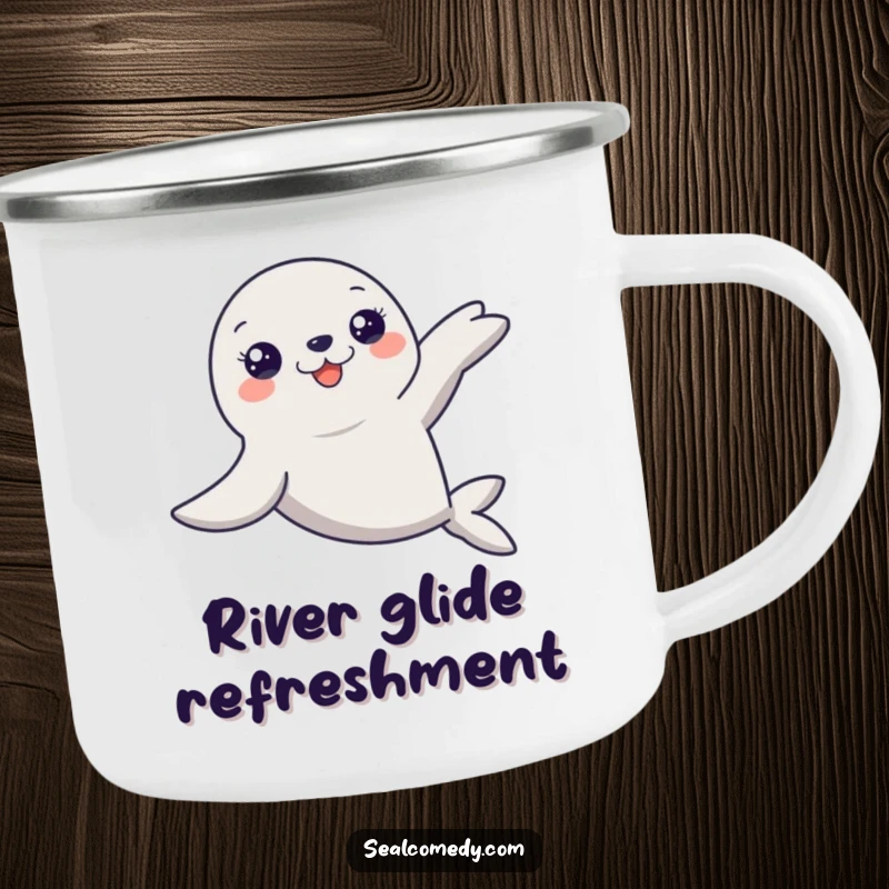 Funny Seal Camping Mug: A graceful seal glides through water with flippers extended. Durable and humorous, perfect for outdoor retreats.