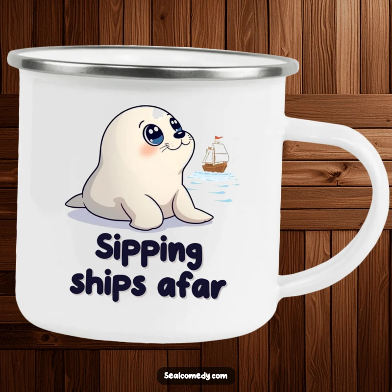 Funny camping mug with a seal character's innocent eyes focused on a distant ship, a humorous and rugged outdoor accessory.