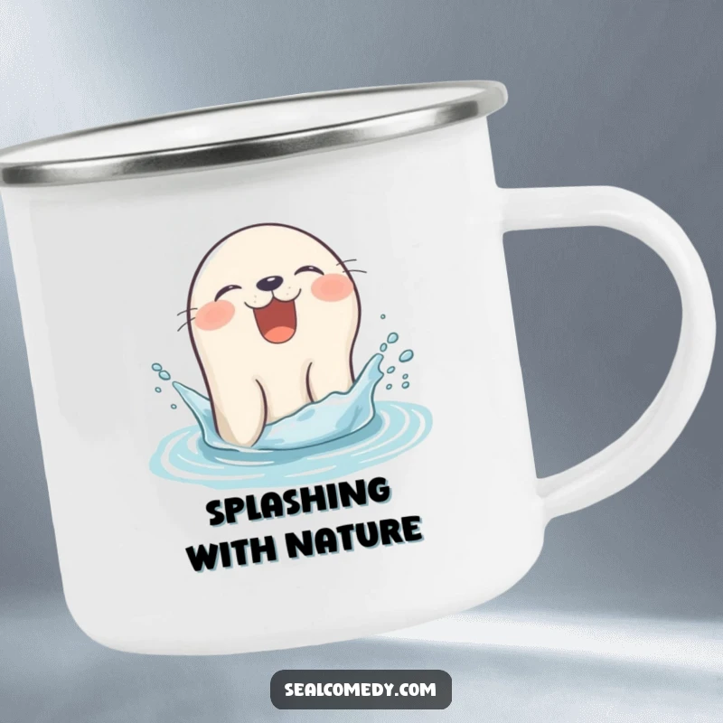 Funny seal camping mug giggling as it pops its head out of the water with a splash, a joyful marine mammal.