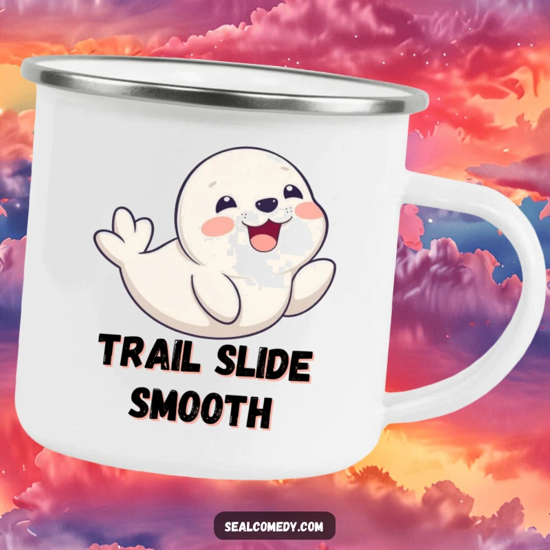 Funny seal pup joyfully sliding on its belly with a delighted smile, featured on a durable camping mug.