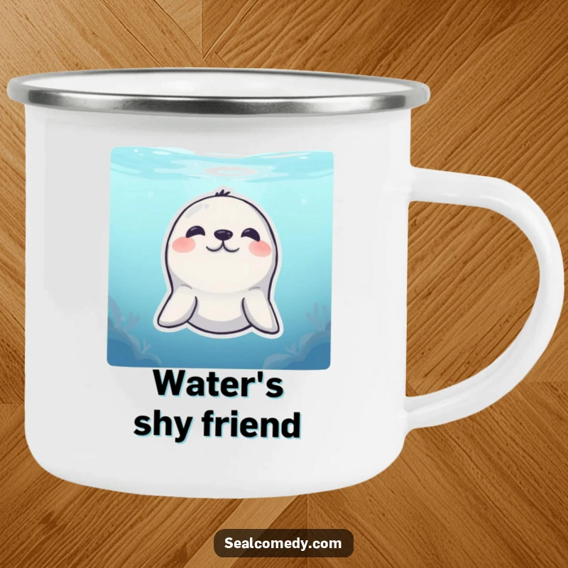 Funny Camping Mug: A shy seal peeks from underwater with a smile, perfect for humorous outdoor sipping.