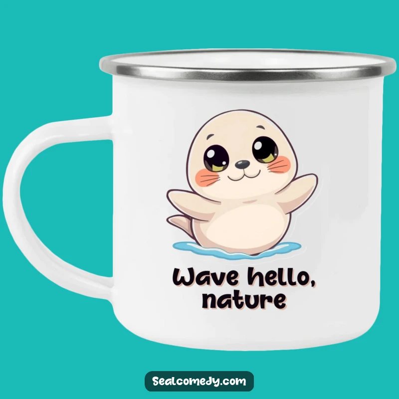 Funny Curious Seal Camping Mug: Waving Gift for Outdoors