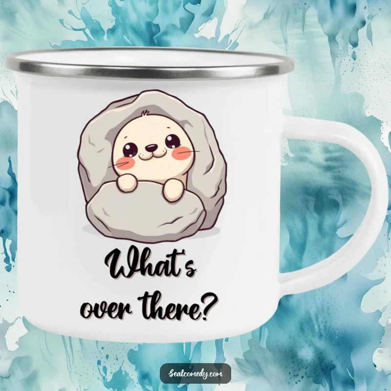 Funny mischievous seal camping mug, showing a seal peeking from behind a rock, perfect for enjoying outdoor beverages coyly.