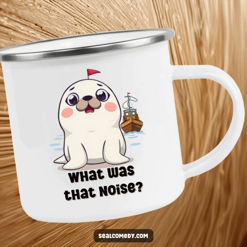 Funny surprised seal camping mug, displaying a seal with wide eyes astonished by a boat, perfect for outdoor humor.