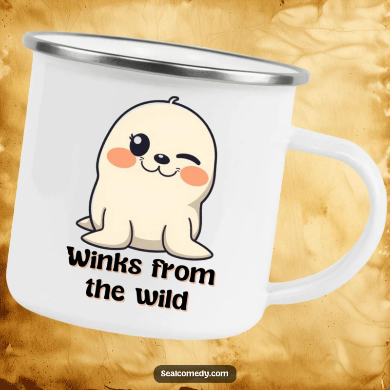 Funny camping mug featuring a seal winking with a mischievous grin, perfect for enjoying drinks during outdoor adventures.