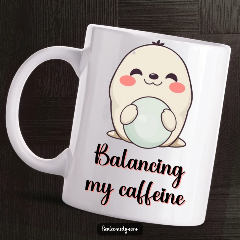 Funny smiling seal mug, skillfully balancing a colorful ball on its nose with a happy, proud expression.
