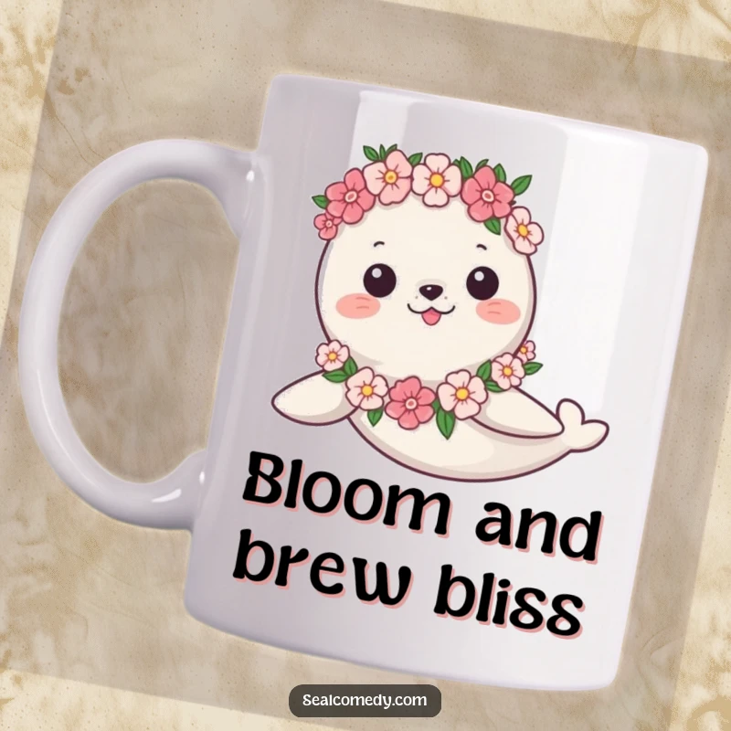 Funny Mug: A graceful seal in a flower garland swims serenely underwater, radiating peaceful, humorous vibes.