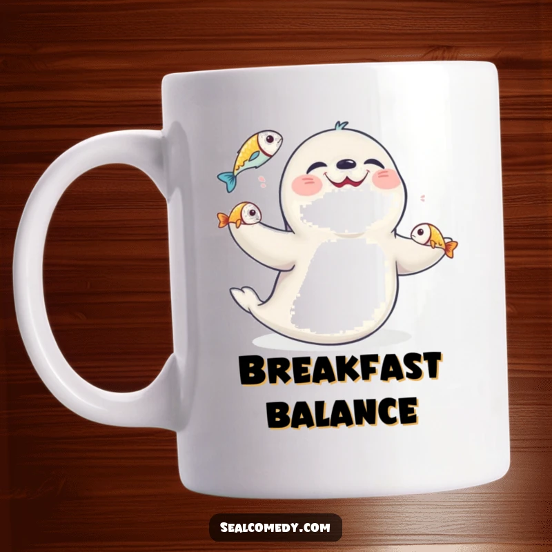 Funny seal giggling while juggling three shiny fish, depicted on a coffee mug, a humorous kitchen item.