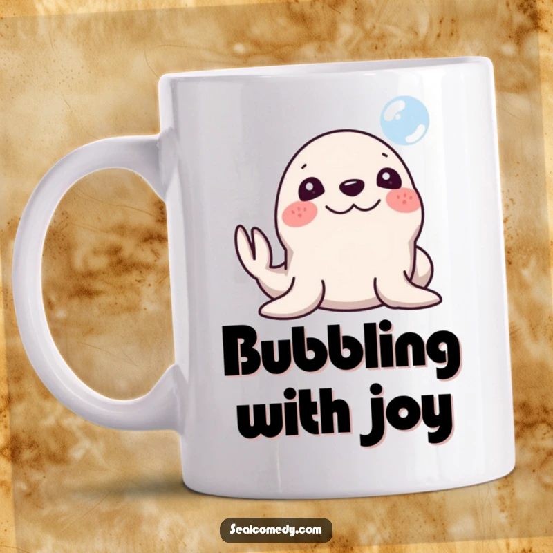 Funny Seal Mug: A seal with a silly smile honks its nose at a bubble. Whimsical and humorous, a great funny gift for sea lovers.