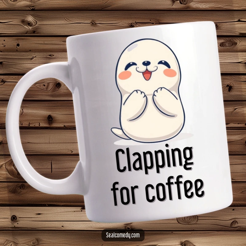 Funny Seal Mug: A cheerful seal joyfully claps its flippers together, expressing pure delight and infectious happiness.