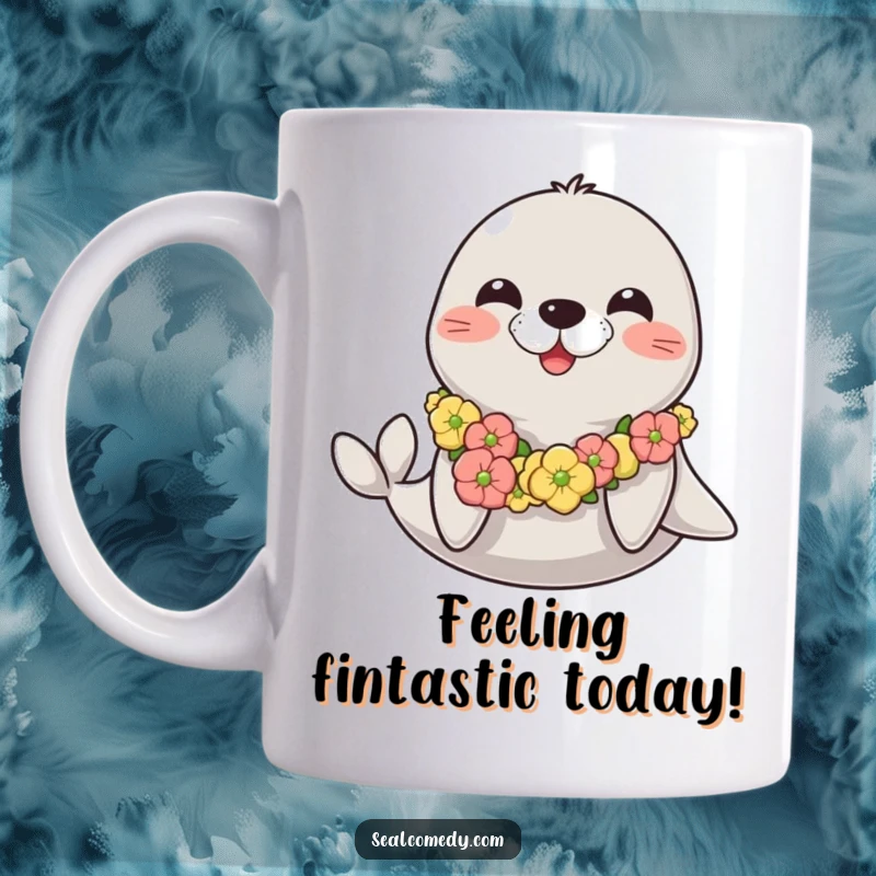 Funny happy seal mug wearing a seaweed lei, exuding tropical joy and relaxation, a cheerful companion for beverages.