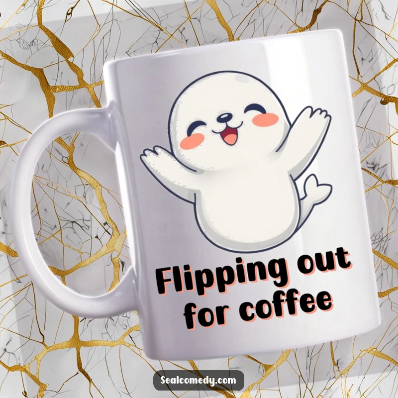 Funny Mug featuring a joyful seal dancing with flippers up, celebrating happiness and fun.