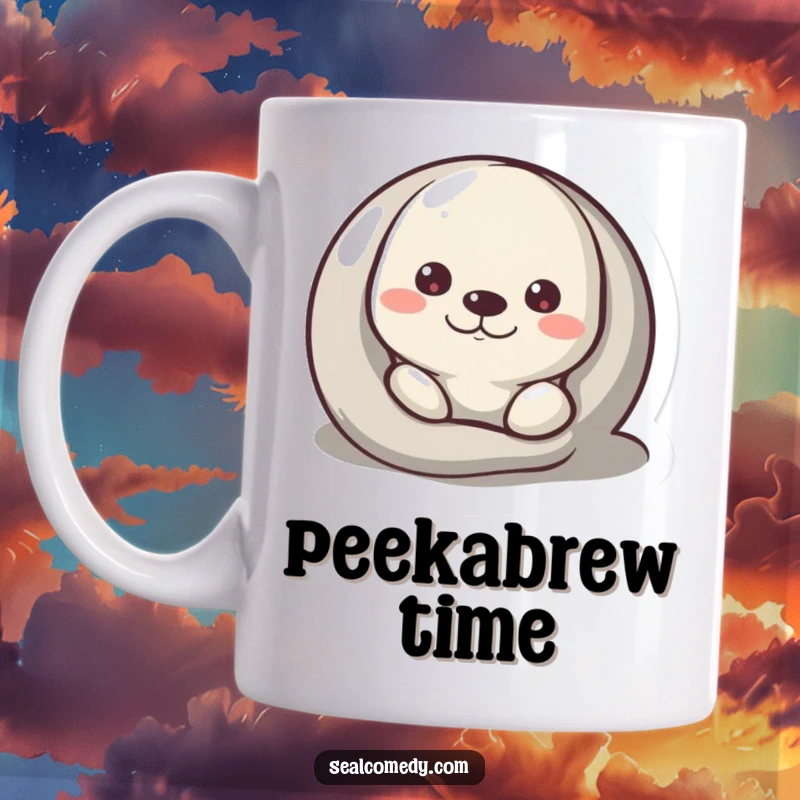 Funny Mug featuring a curious seal peeking from behind a smooth pebble icon, full of wonder.