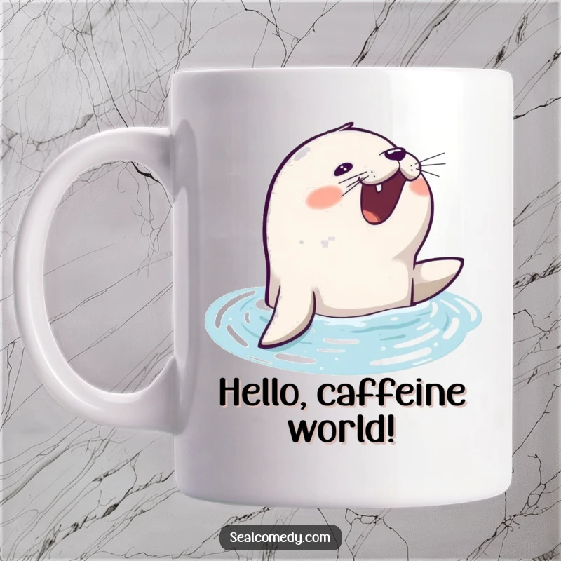 Funny seal mug showing an eager seal barking excitedly while surfacing from the water with a happy expression.