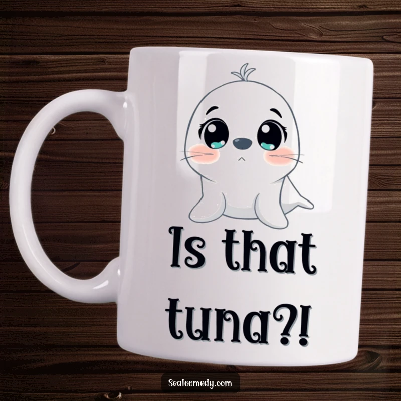 Funny mug featuring a seal with large, wide, and excited eyes, looking up with pure wonder and anticipation, ready to delight.