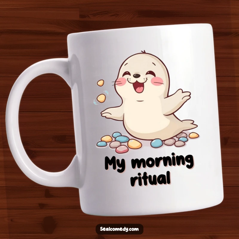 Funny mug showing a giggling seal enthusiastically juggling shiny pebbles, radiating pure, playful happiness.