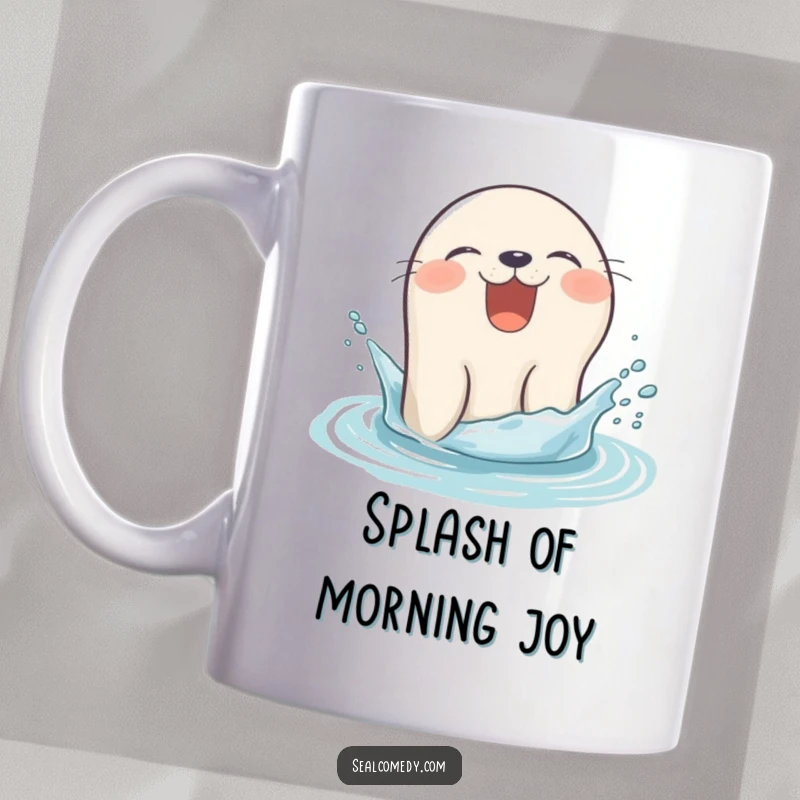 Funny seal mug giggling as it pops its head out of the water with a splash, a joyful marine mammal.