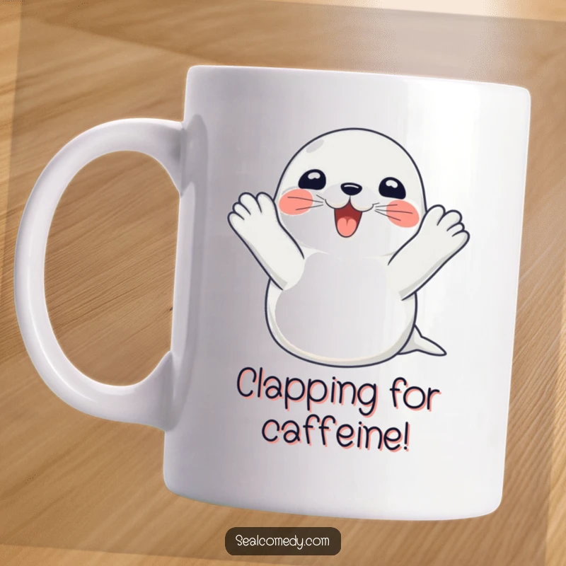 Funny seal mug showing a happy seal clapping its flippers with extreme excitement, representing pure joy and a great gift.