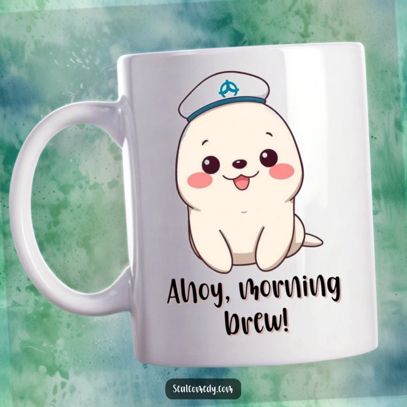 Funny sailor seal mug with a tiny hat, exuding cheerful maritime vibes and adorable, giggle-worthy personality for ocean fans.