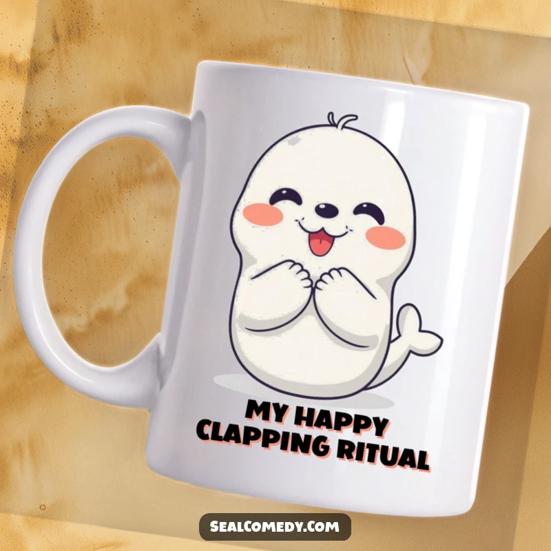 Funny mug featuring a beaming seal character enthusiastically clapping its flippers, radiating infectious joy and happiness for a delightful gift.