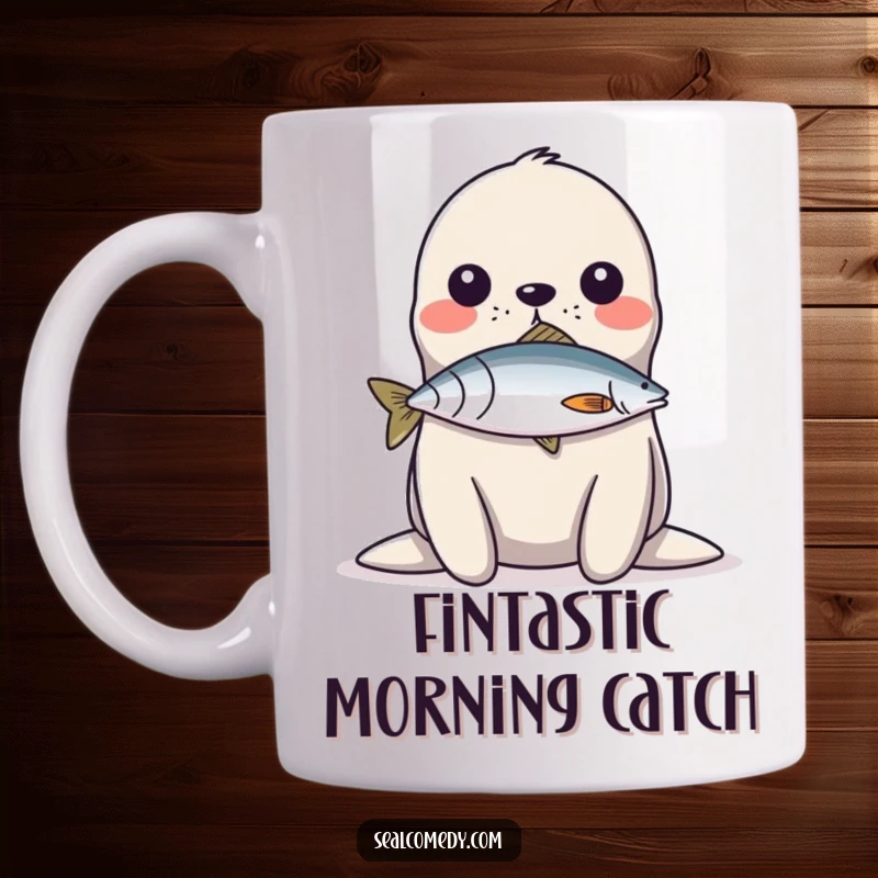 Funny Mug: A seal skillfully balances a fish on its nose, showcasing impressive, humorous aquatic talent.