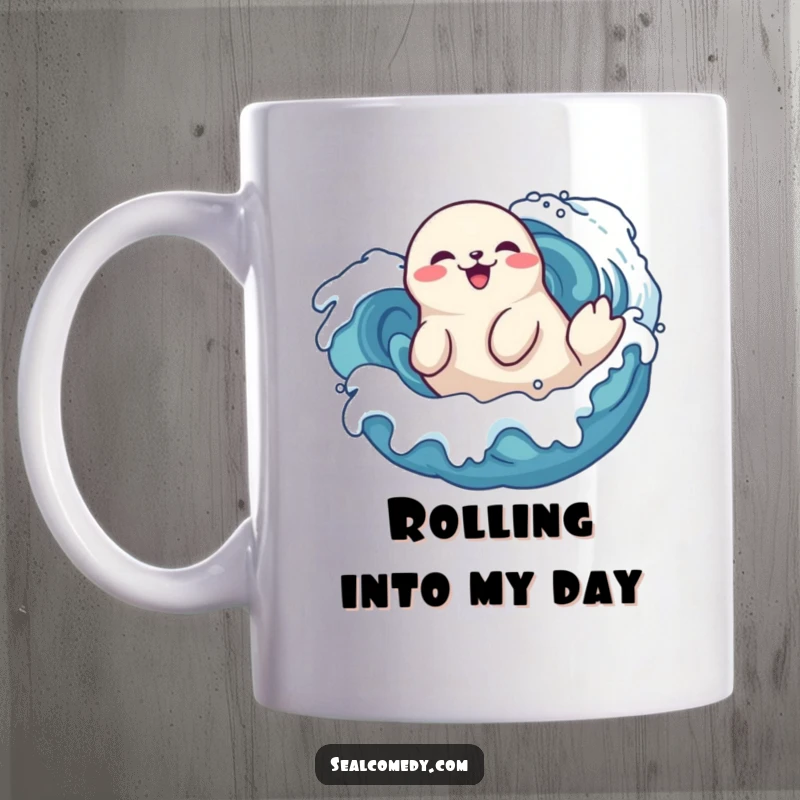 Funny seal mug doing a playful roll in stylized waves, a delighted marine mammal enjoying the ocean, great gift.