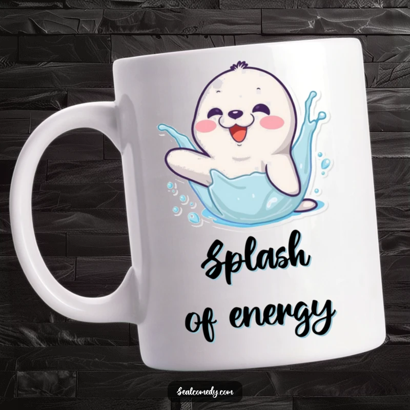 Funny mug featuring a happy seal character joyfully splashing water with its flipper, radiating pure, unadulterated fun.
