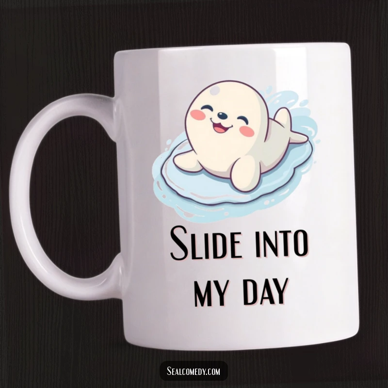 Funny seal with a huge happy grin sliding gleefully down a wet, slippery surface, pure joy and humor.