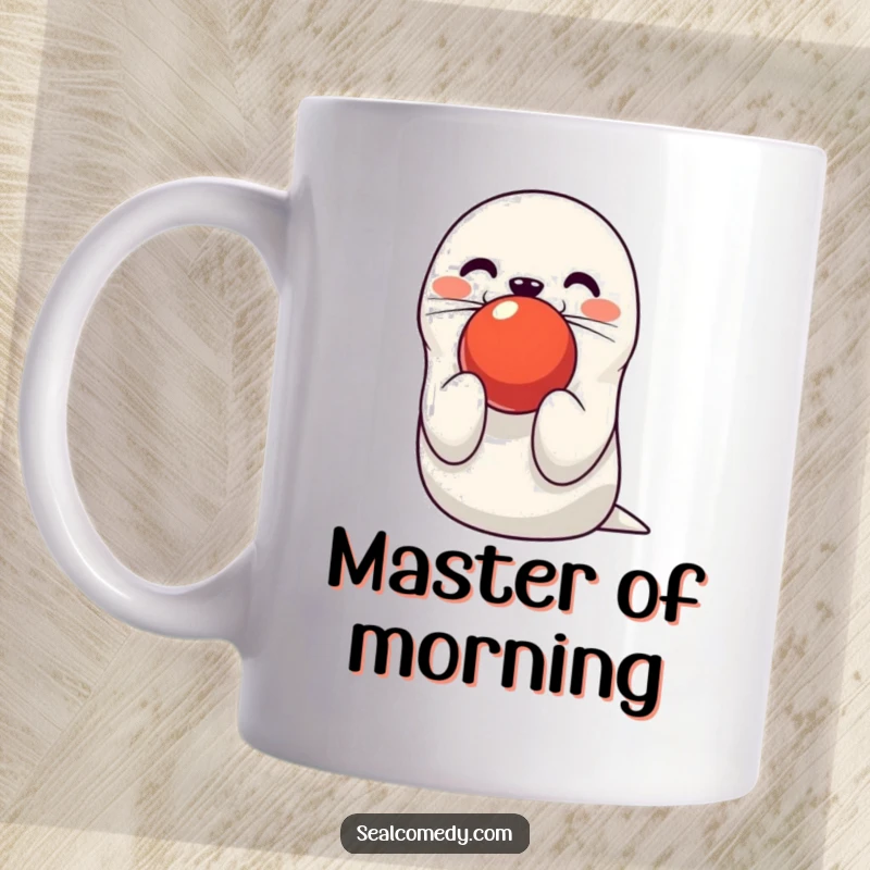 Funny seal mug showing a cute character expertly balancing a red ball on its nose. A delightful and humorous gift.