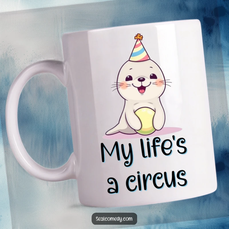Funny seal pup wearing a party hat, joyfully balancing a ball on its nose, ready for a celebration on this delightful mug.