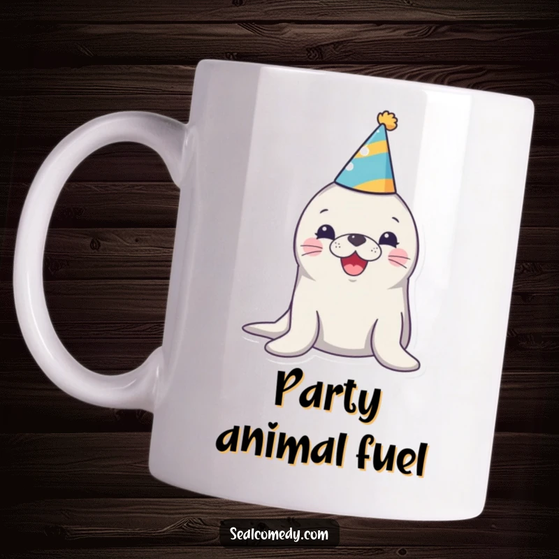 Funny mug featuring a cute seal wearing a party hat and honking with pure joy, radiating festive cheer and happiness.