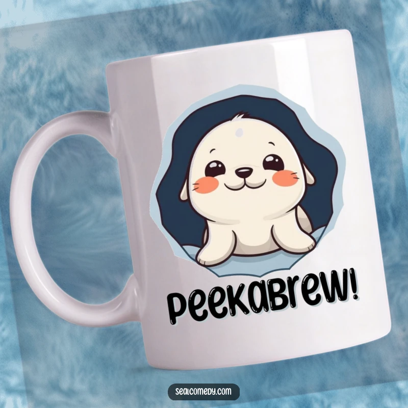 Funny mug featuring a curious seal character peeking playfully out from a hole in the ice, evoking intrigue and amusement.